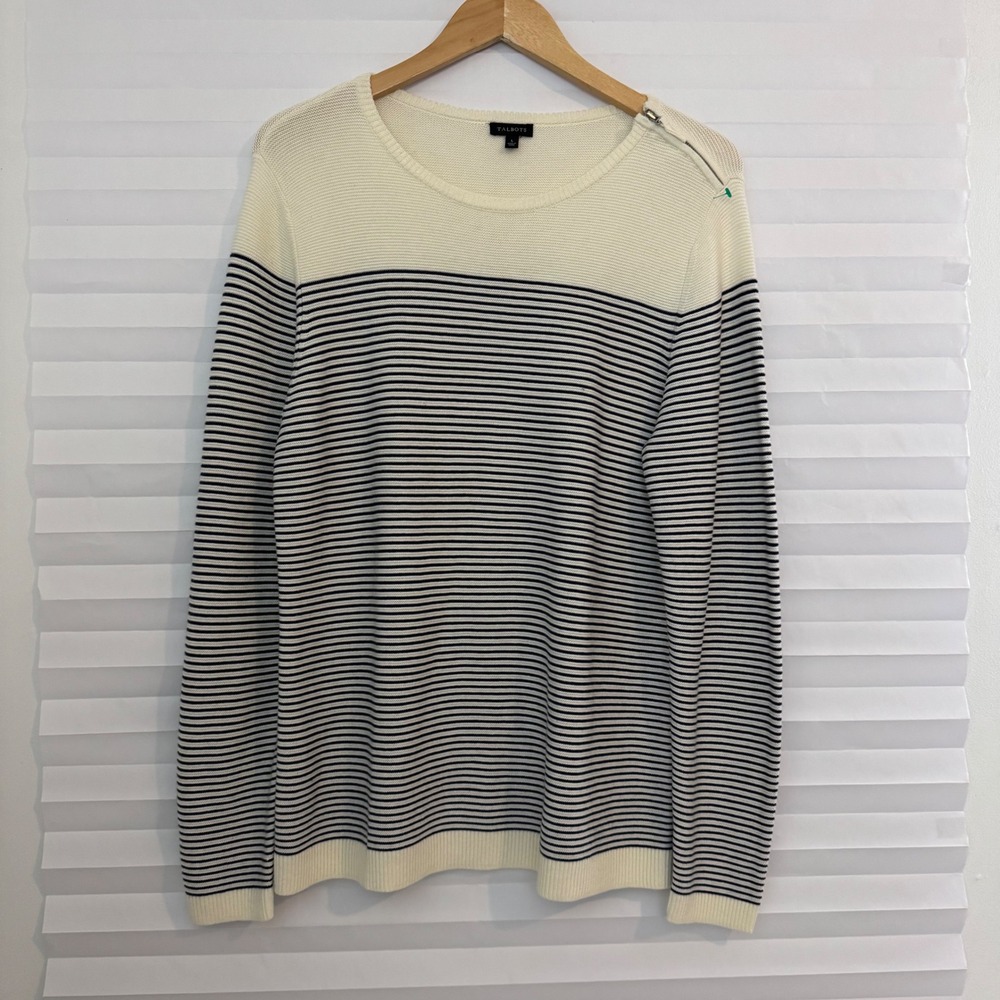 Talbots Women Ivory Navy Striped  Cotton Cashmere Blend Shoulder Zip Sweater L